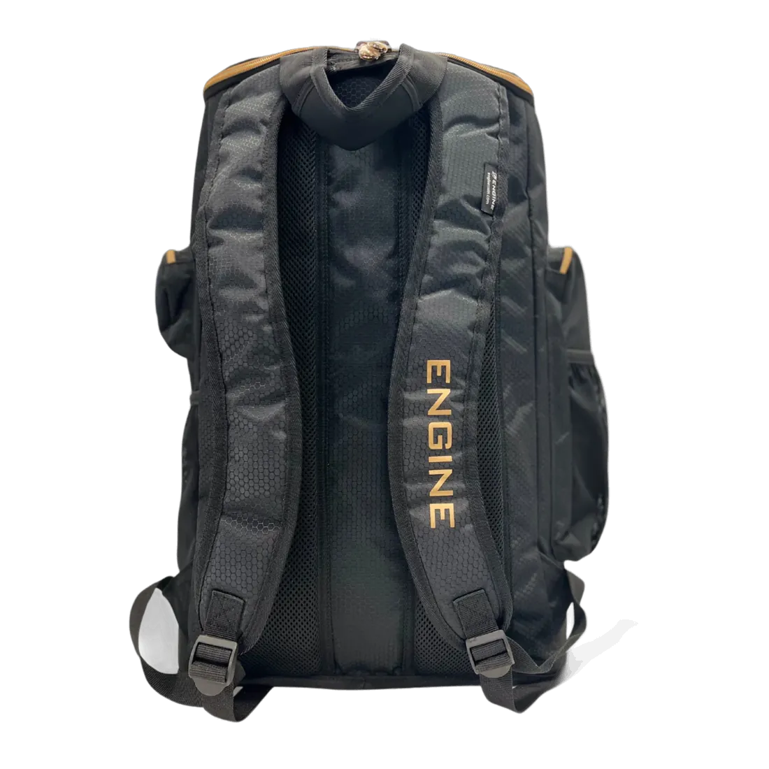 Black backpack with 'ENGINE' branding back straps
