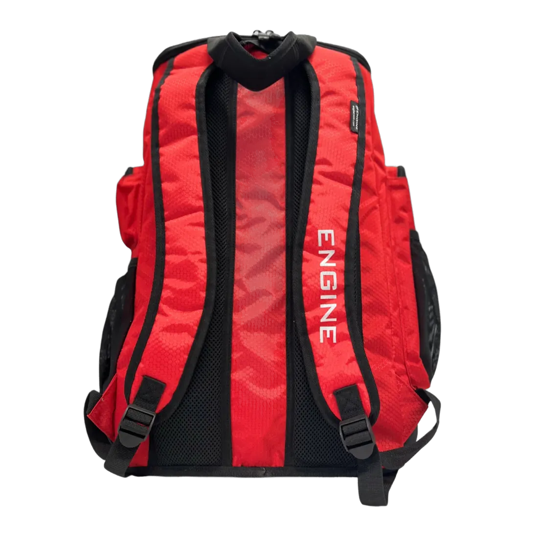 Red and black backpack with 'ENGINE' branding and back straps
