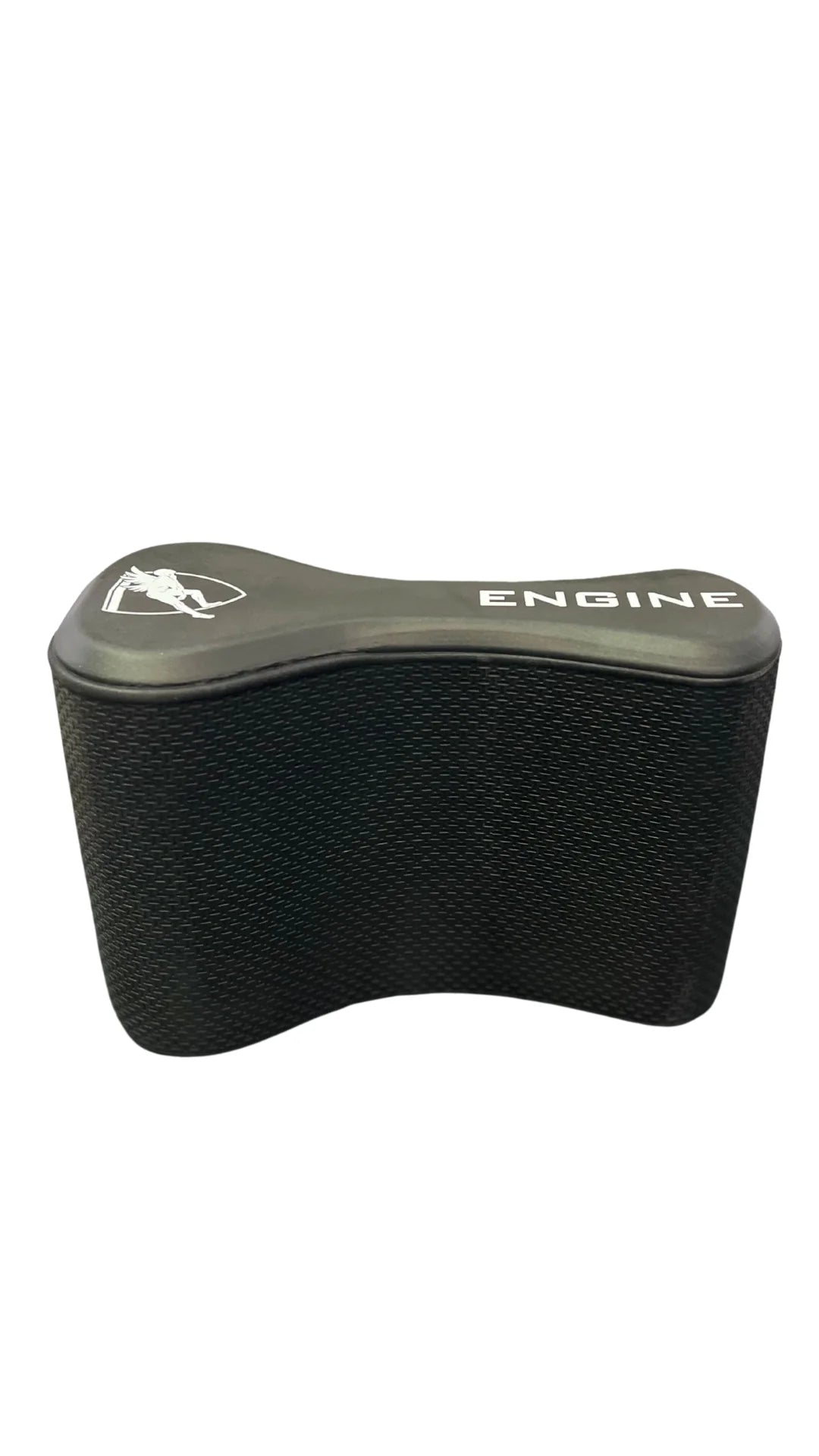 A black Engine pull buoy designed for swimming training, with a figure-8 shape to improve upper body strength and technique.