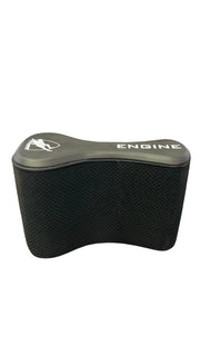 A black Engine pull buoy designed for swimming training, with a figure-8 shape to improve upper body strength and technique.