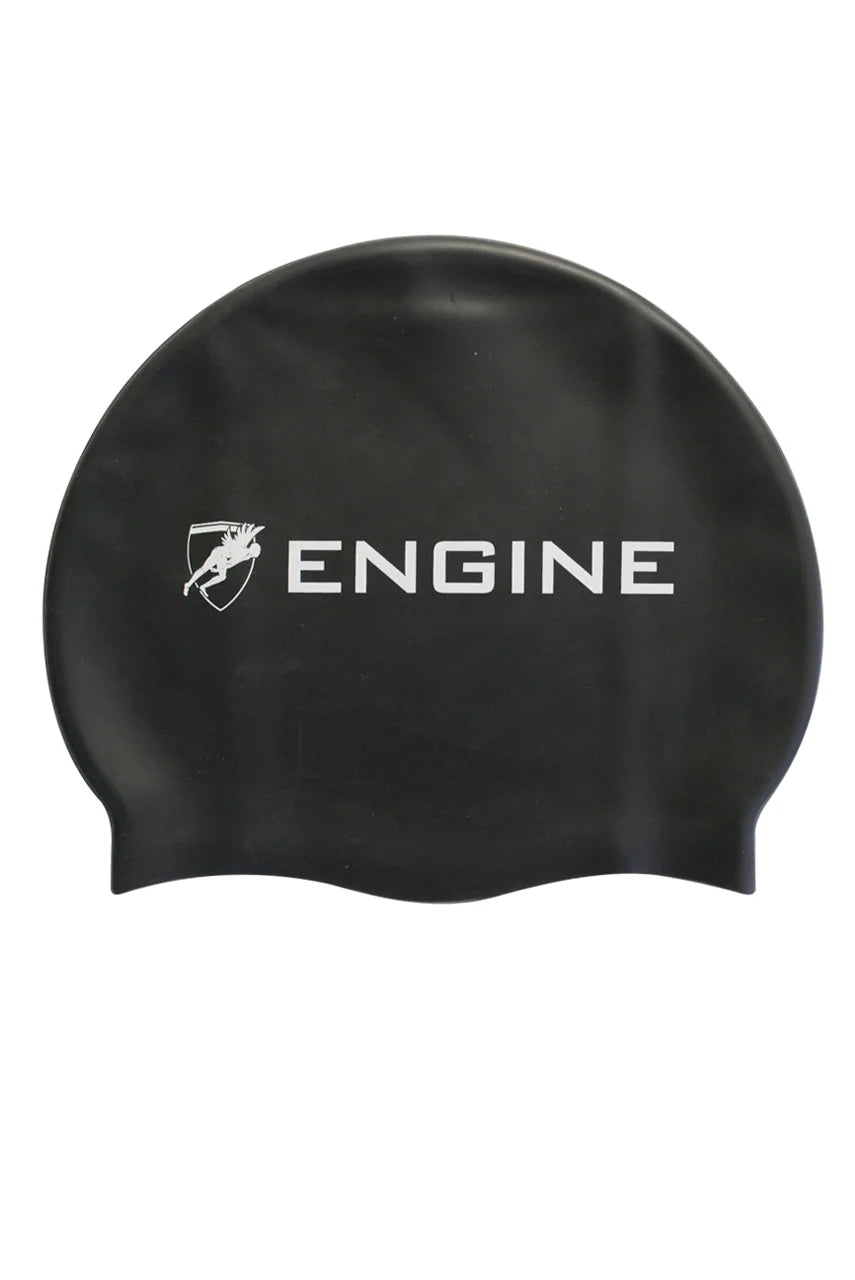 Black swim cap with 'ENGINE' logo on a white background