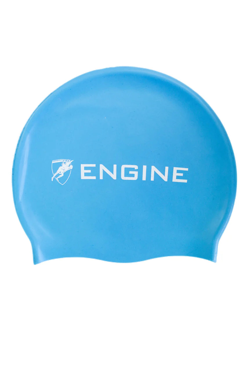 Blue swim cap with 'ENGINE' logo on a white background