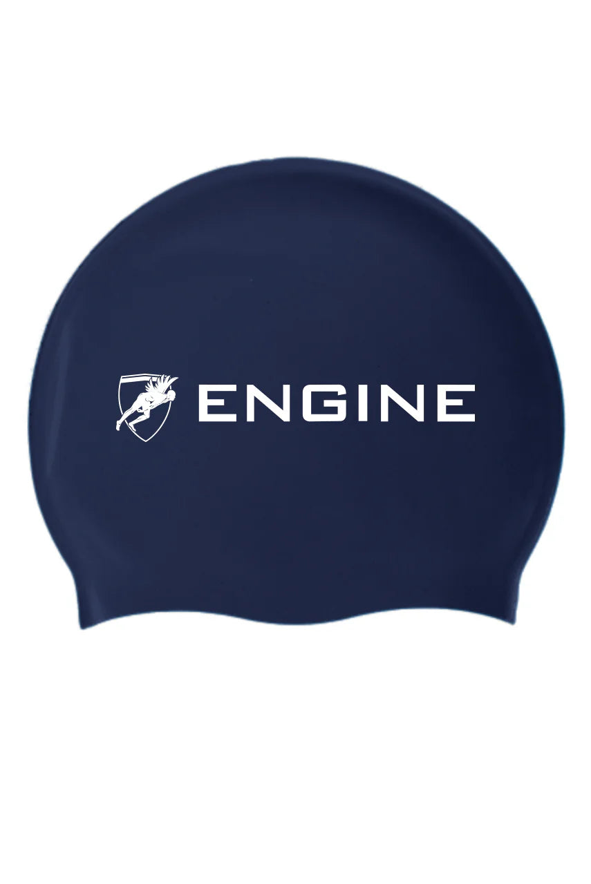 Navy swim cap with 'ENGINE' logo on a white background