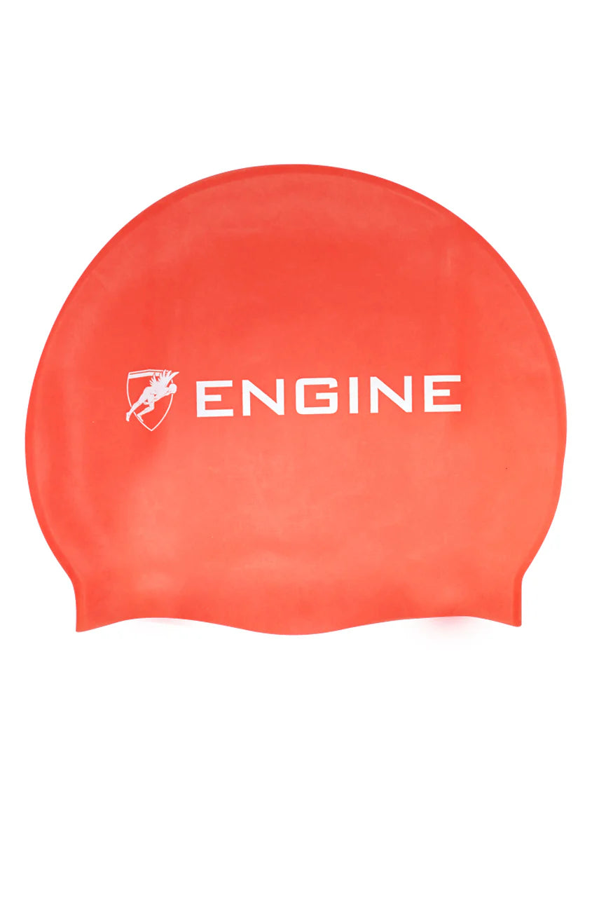Coral swim cap with 'ENGINE' logo on a white background