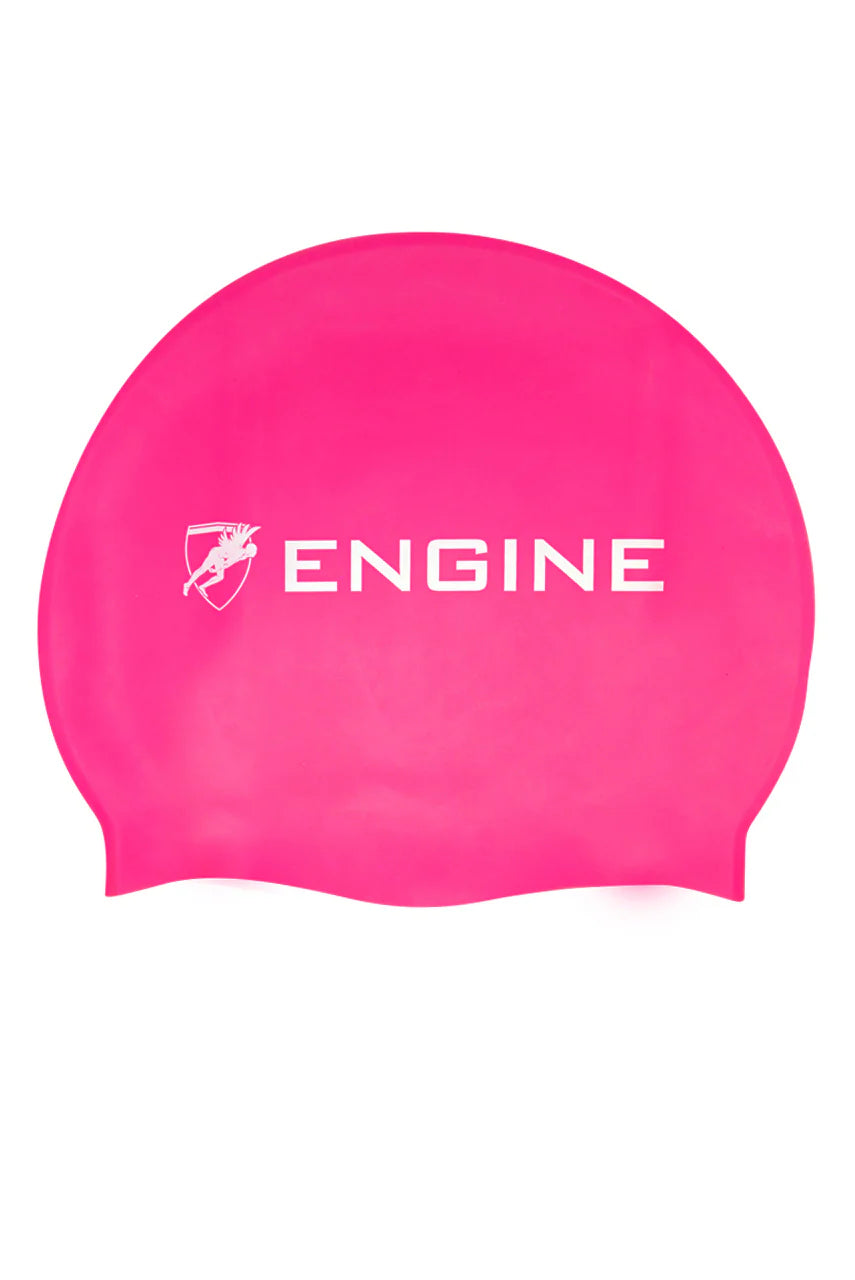 Pink swim cap with 'ENGINE' logo on a white background