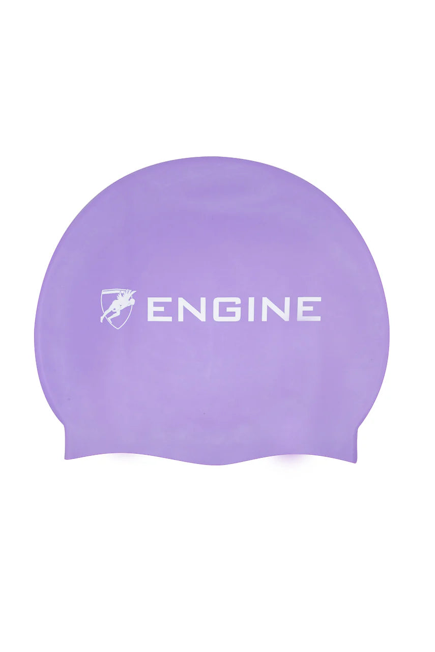 Purple swim cap with 'ENGINE' logo on a white background