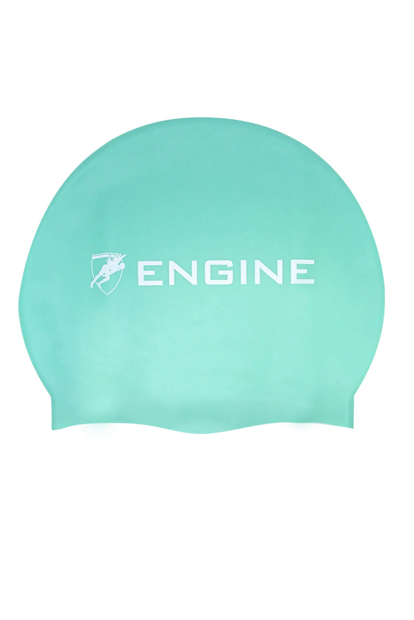 Turquoise swim cap with 'ENGINE' logo on a white background
