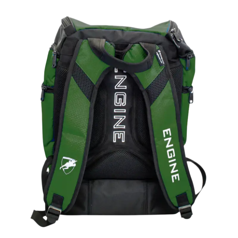 Army green backpack pro back straps with 'ENGINE' branding