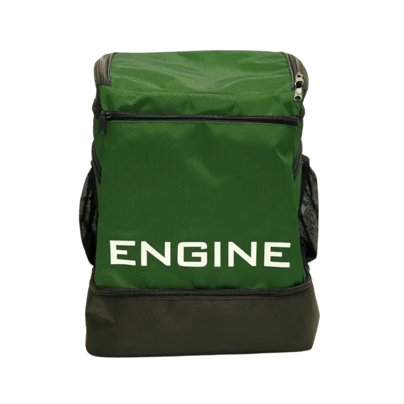 Army green backpack pro with 'ENGINE' branding