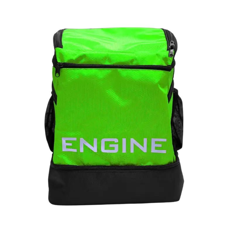 Fluoro green backpack pro with 'ENGINE' branding