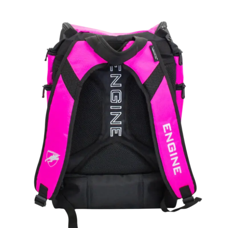 Fuscia pink backpack pro back straps with 'ENGINE' branding