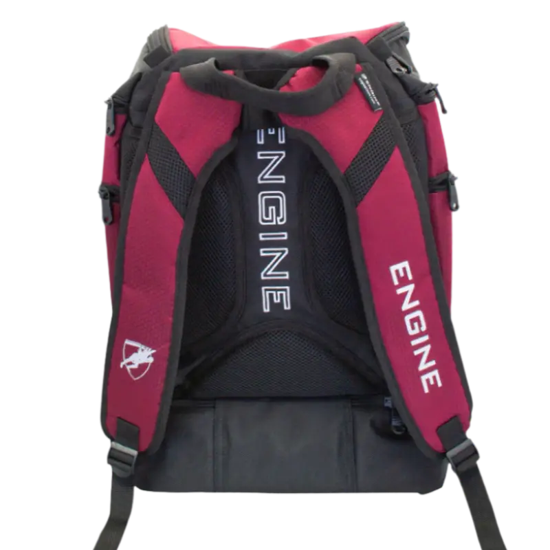 Maroon backpack pro back straps with 'ENGINE' branding