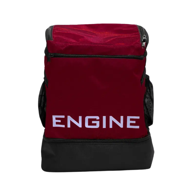 Maroon backpack pro with 'ENGINE' branding