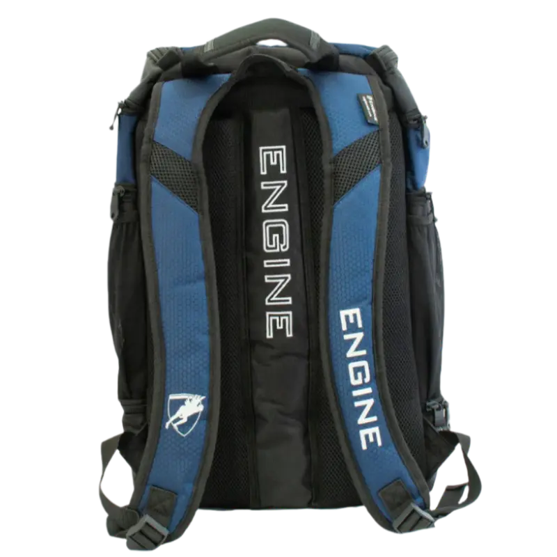 Navy backpack pro back straps with 'ENGINE' branding