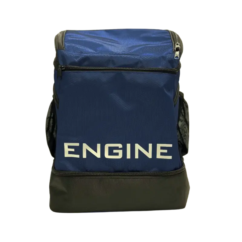 Navy backpack pro with 'ENGINE' branding