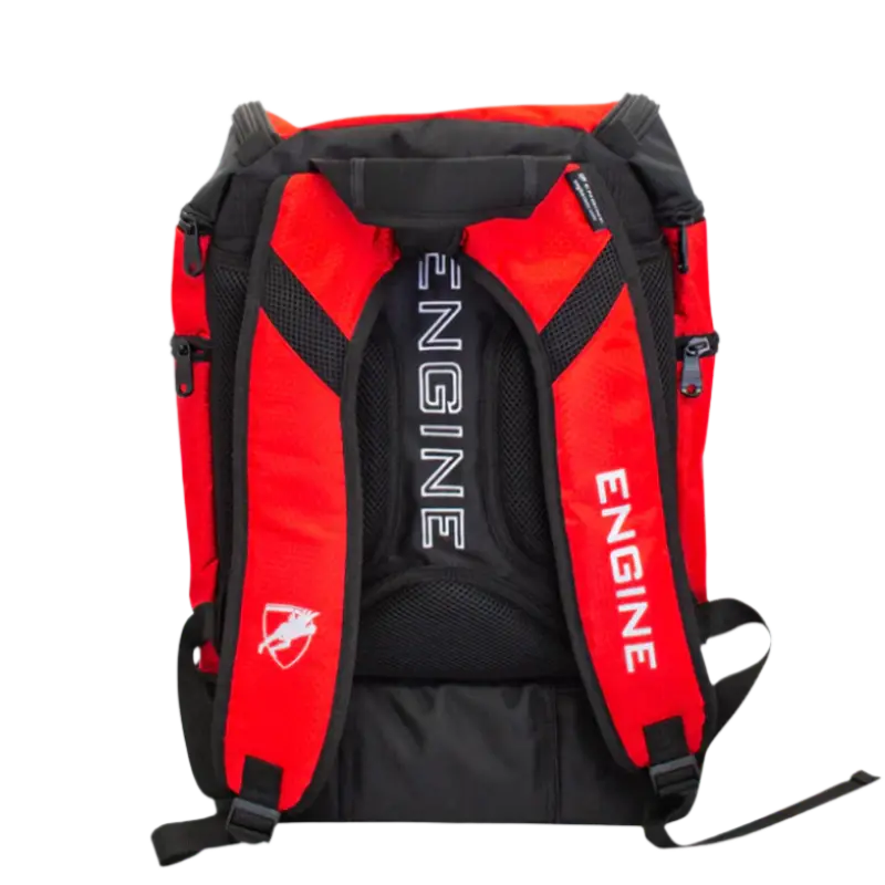 Red backpack pro back straps with 'ENGINE' branding