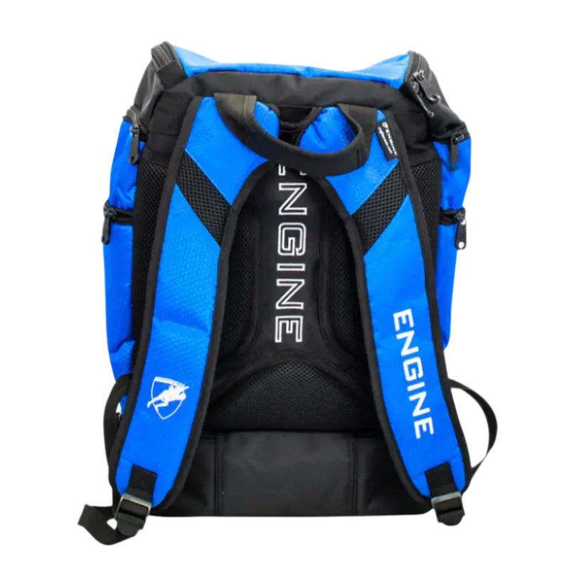 Royal blue backpack pro back straps with 'ENGINE' branding