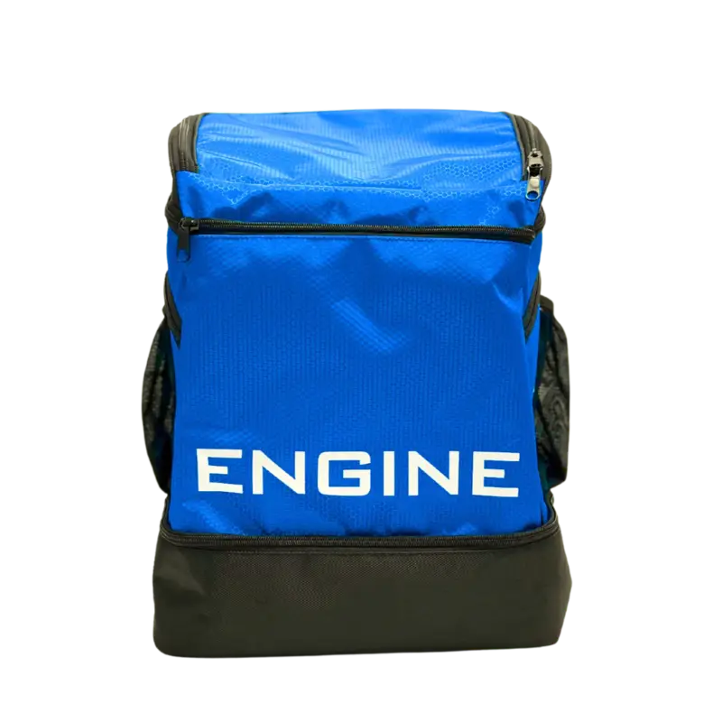 Royal blue backpack pro with 'ENGINE' branding