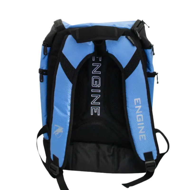 Sky blue backpack pro back straps with 'ENGINE' branding