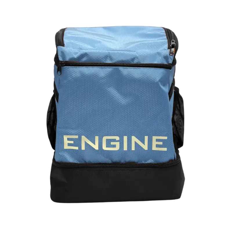 Sky blue backpack pro with 'ENGINE' branding