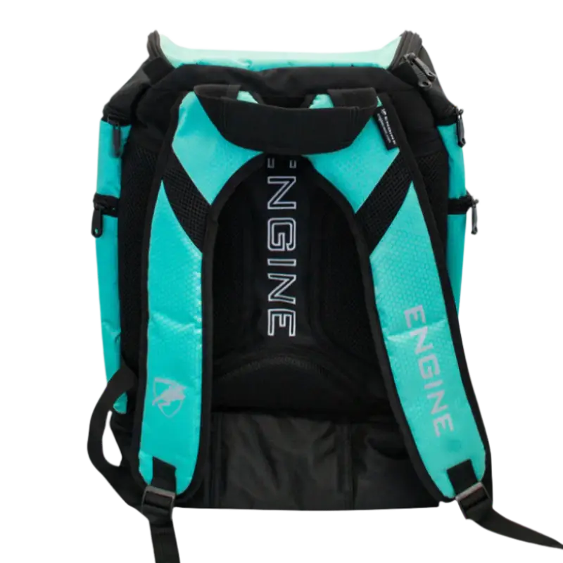 Teal backpack pro back straps with 'ENGINE' branding