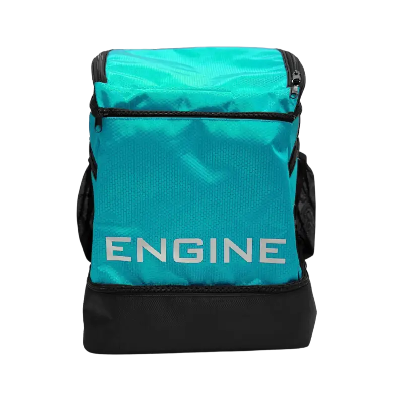 Teal backpack pro with 'ENGINE' branding