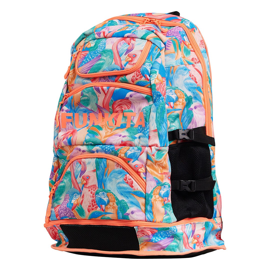 A multicolored Funkita backpack with a vibrant bird and foliage pattern, featuring multiple compartments and padded shoulder straps.