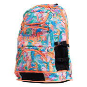 A multicolored Funkita backpack with a vibrant bird and foliage pattern, featuring multiple compartments and padded shoulder straps.