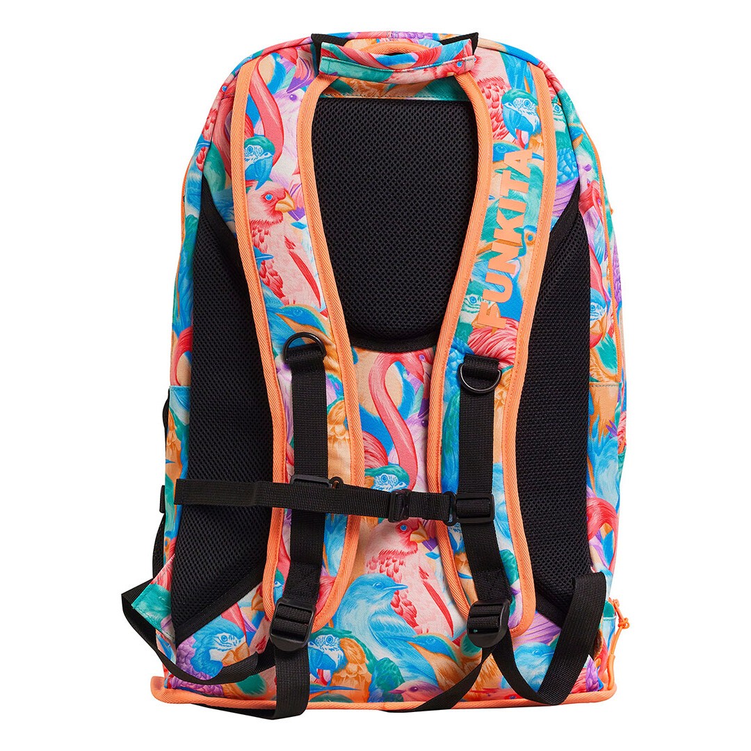 Back view of a multicolored Funkita backpack with a vibrant bird and foliage pattern, featuring multiple open compartments and padded shoulder straps.