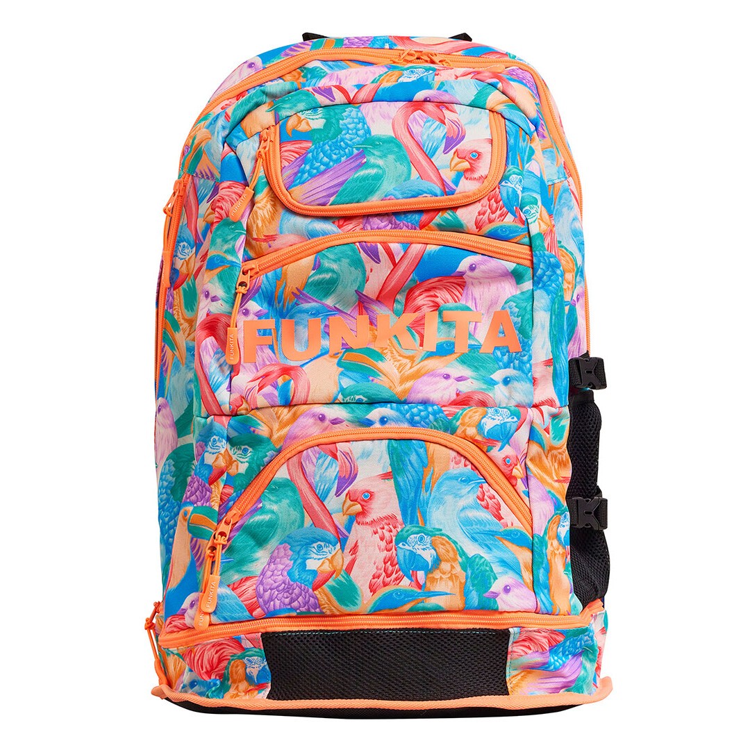A multicolored Funkita backpack with a vibrant bird and foliage pattern, featuring multiple compartments and padded shoulder straps.