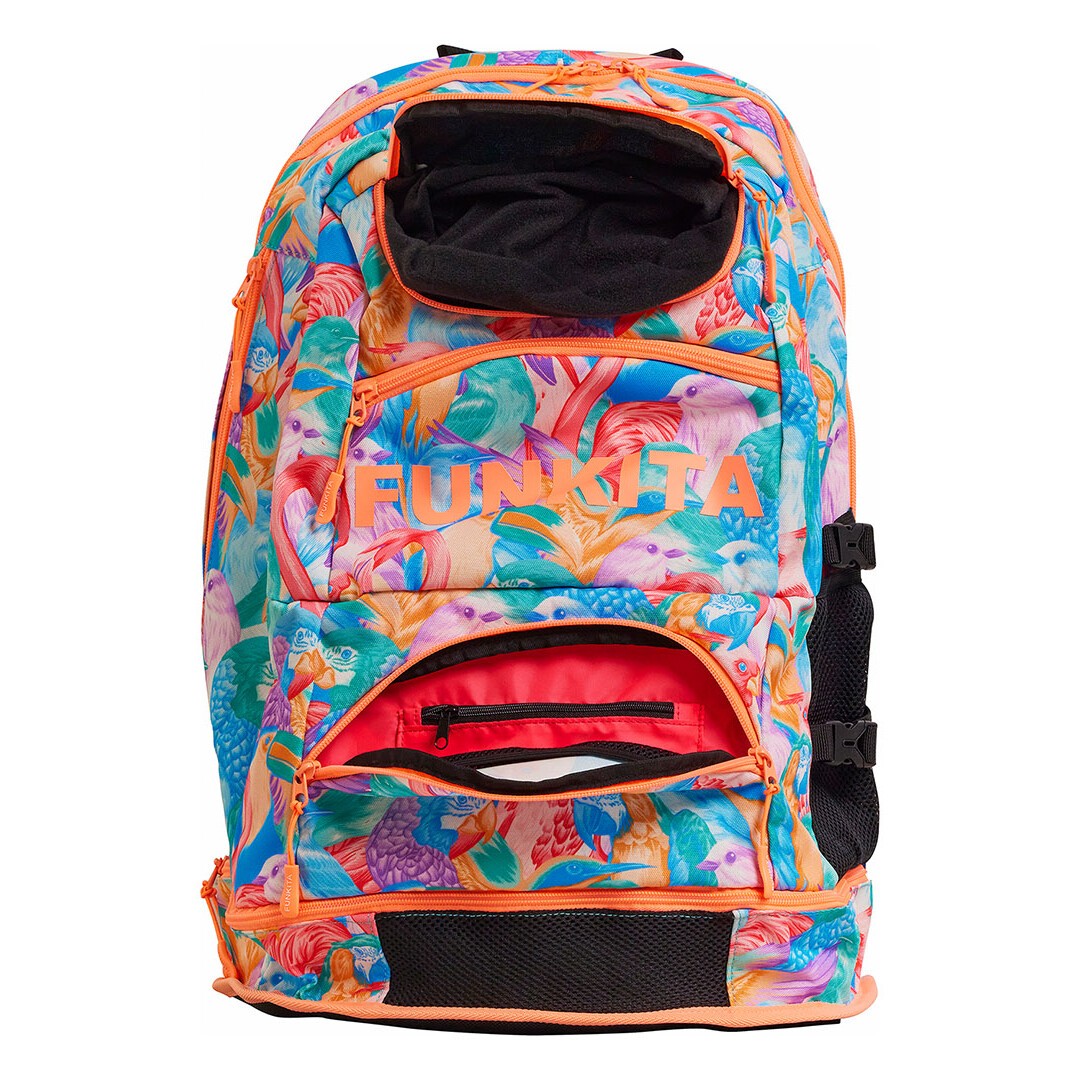 A multicolored Funkita backpack with a vibrant bird and foliage pattern, featuring multiple open compartments and padded shoulder straps.