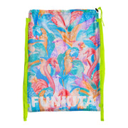 A multicolored mesh gear bag with a vibrant bird pattern and bright yellow straps, labeled 'FUNKITA' on the front.