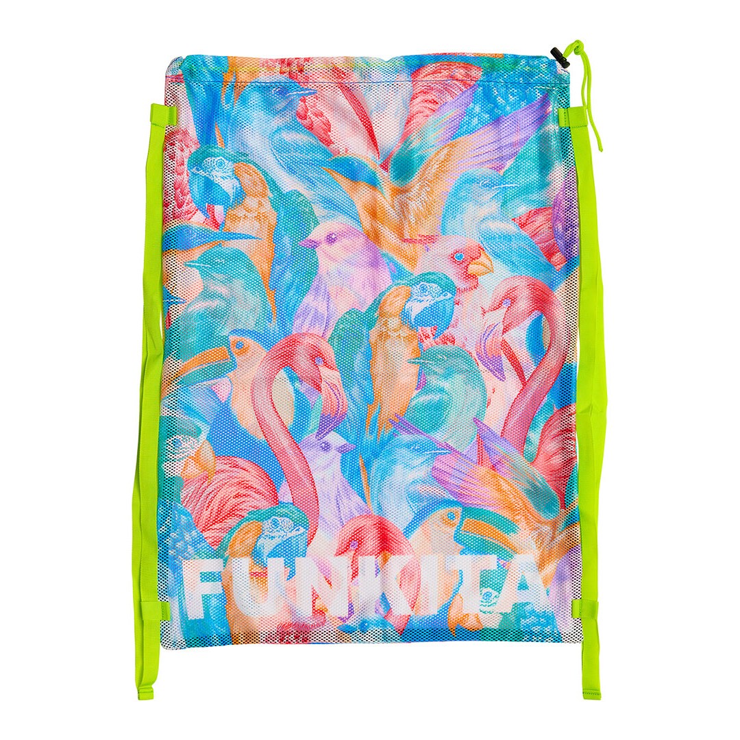 A multicolored mesh gear bag with a vibrant bird pattern and bright yellow straps, labeled 'FUNKITA' on the front.