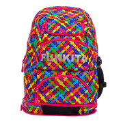 Colourful woven-patterned backpack with pink accents featuring the brand 'Funkita'