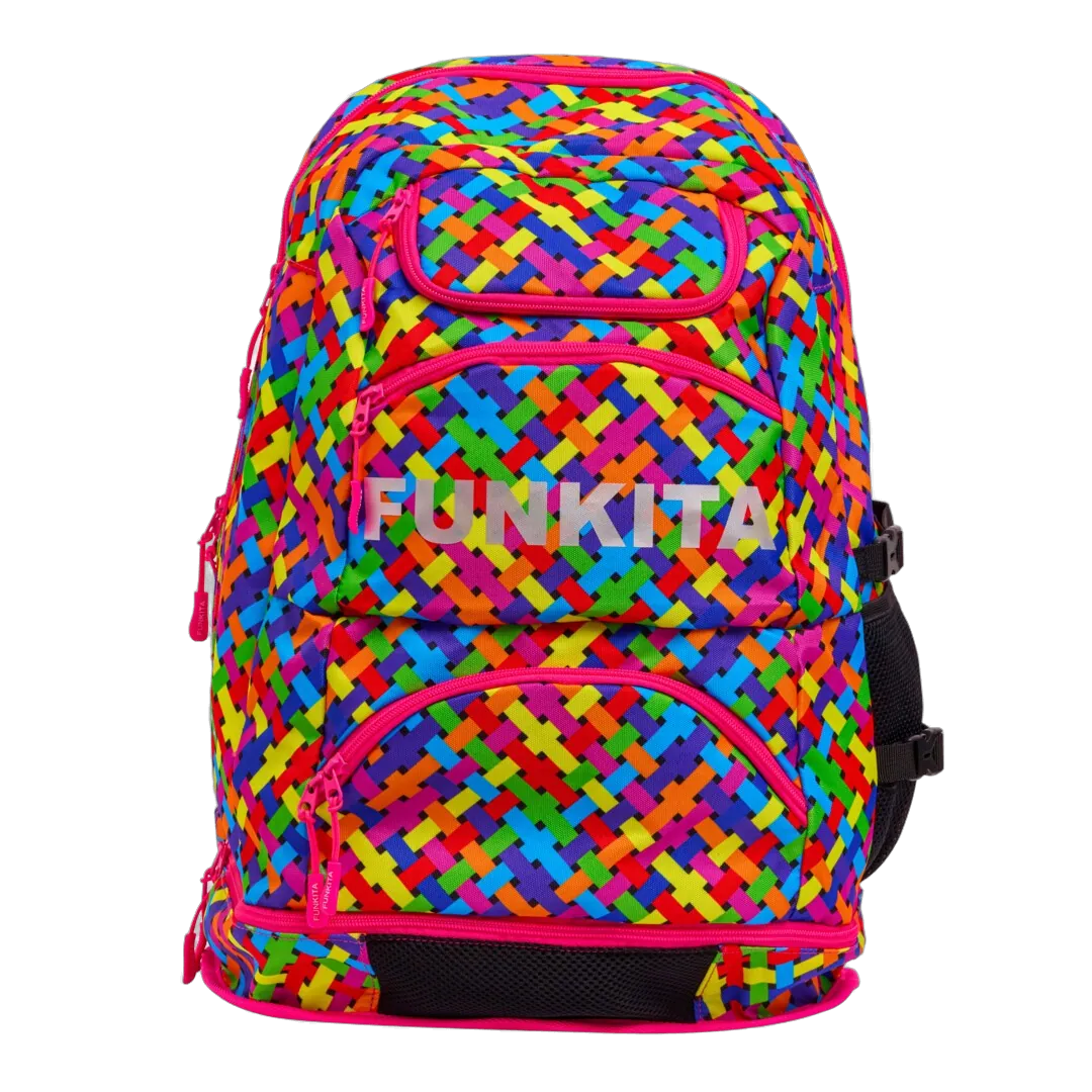 Colourful woven-patterned backpack with pink accents featuring the brand 'Funkita'
