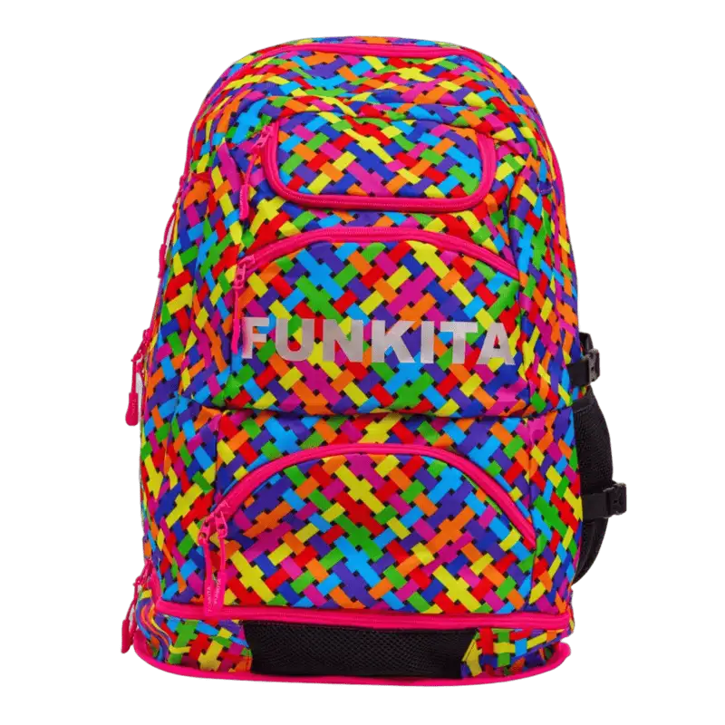 Colourful woven-patterned backpack with pink accents featuring the brand 'Funkita'