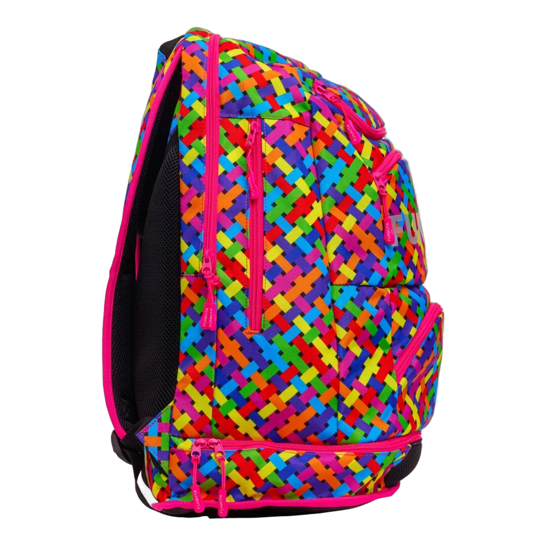 Colourful woven-patterned backpack with pink accents featuring the brand 'Funkita' on the right side