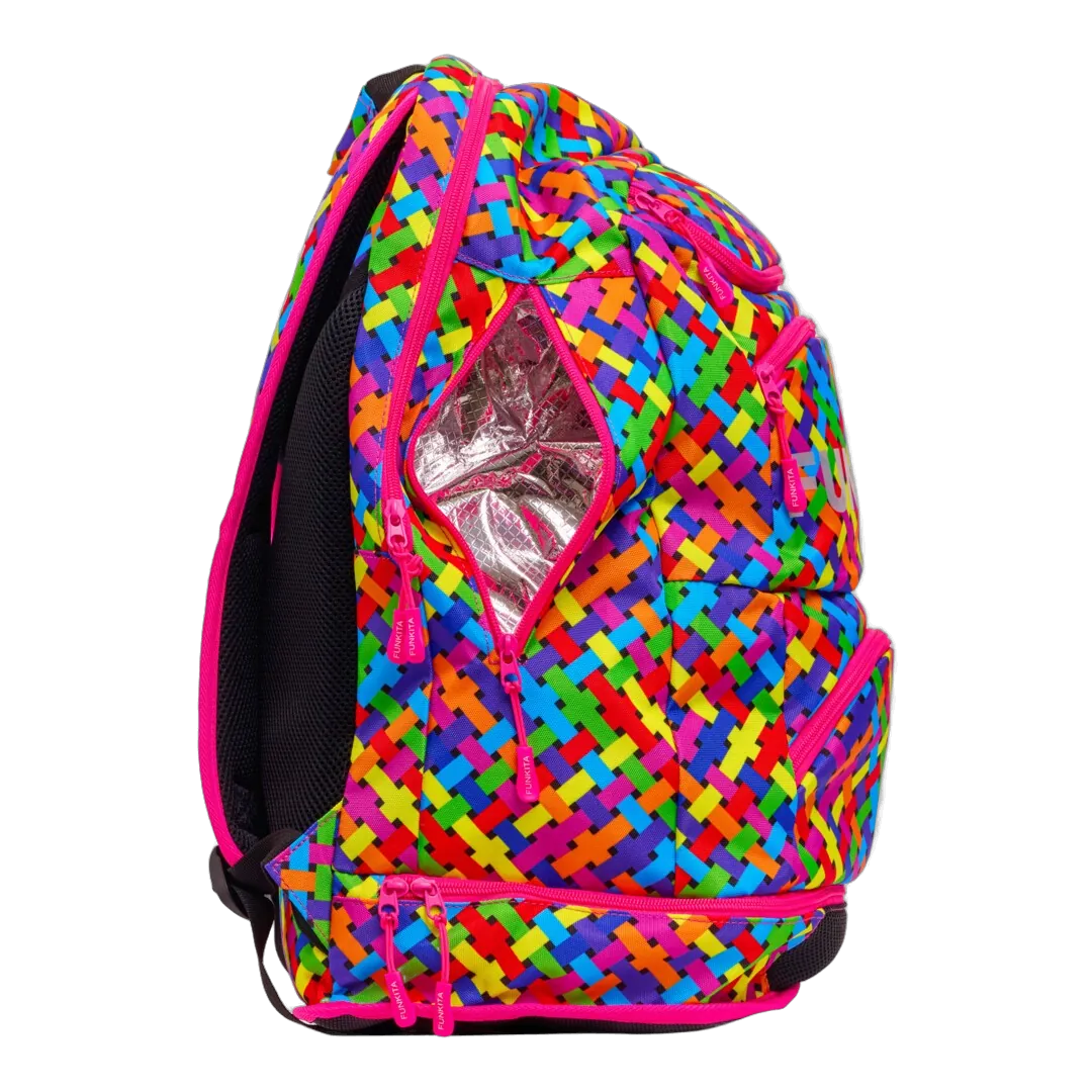 Colourful woven-patterned backpack with pink accents featuring the brand 'Funkita' on right side with pockets