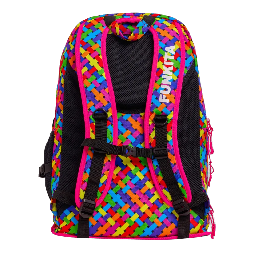Colourful woven-patterned backpack with pink accents featuring the brand 'Funkita'