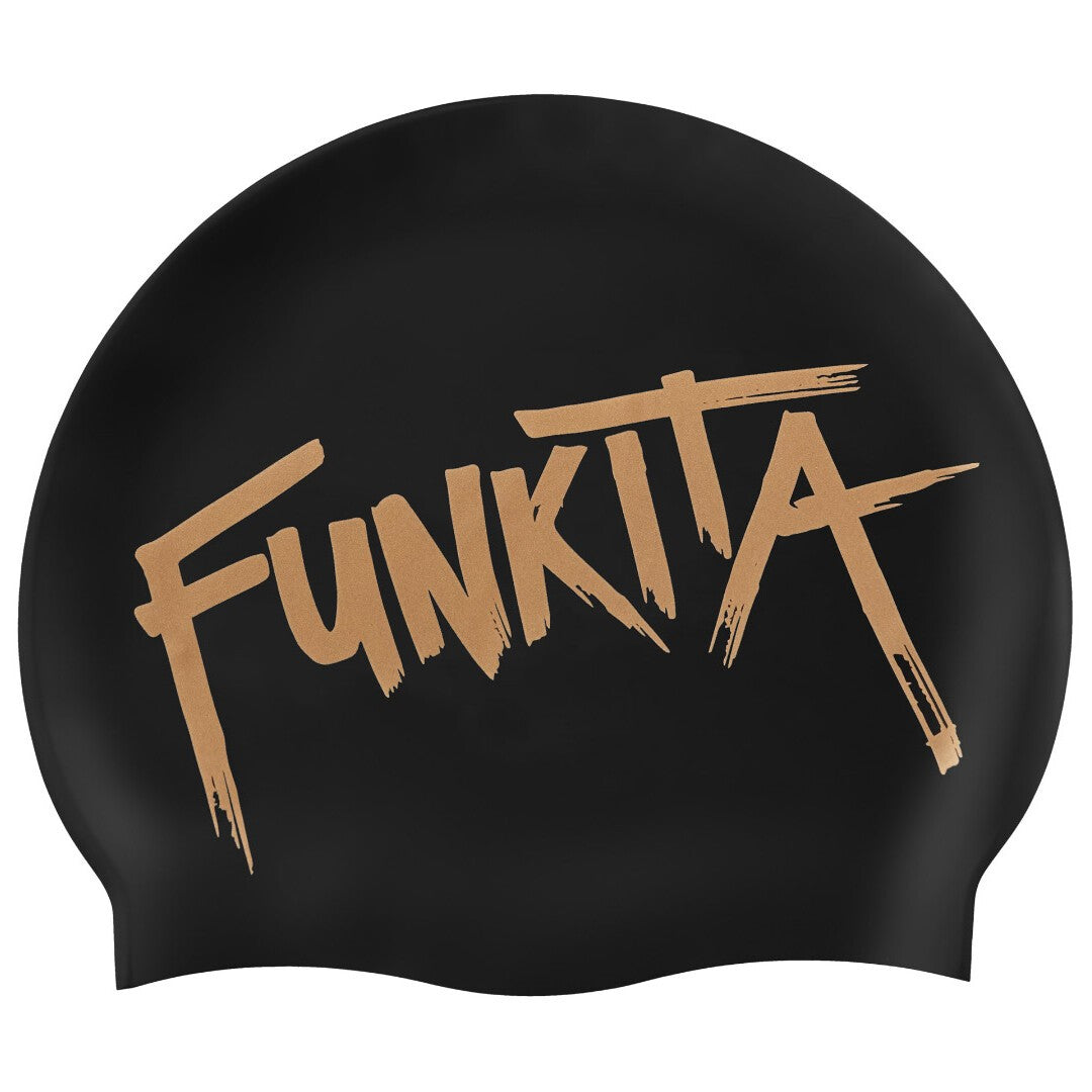 A black silicone swimming cap with the brand name 'Funkita' written in a stylized font.