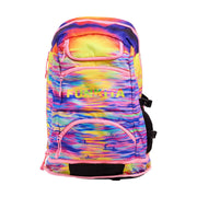 A multicoloured sunset print Funkita Darkinjung Sunset Backpack showing multiple compartments and padded shoulder straps.