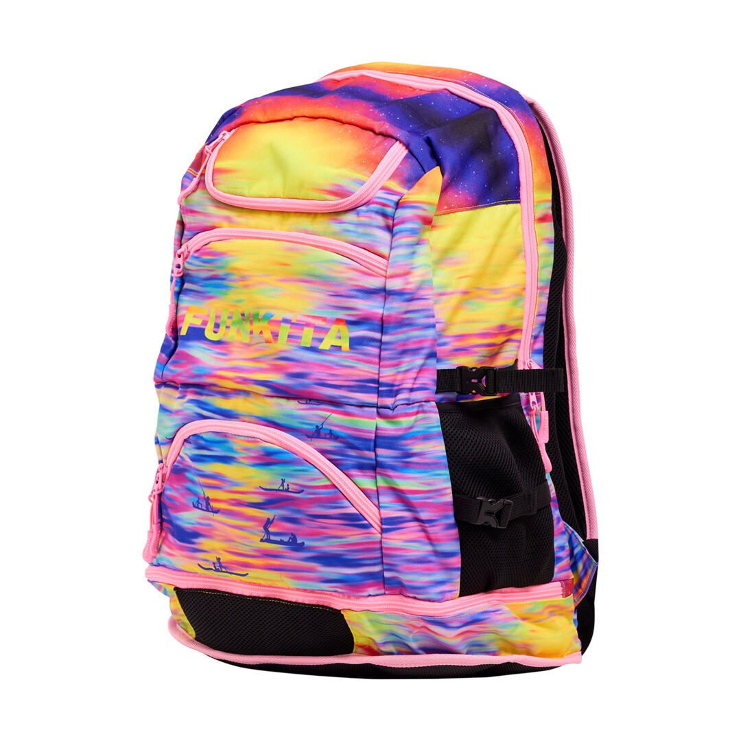Front view of the a multicoloured sunset print Funkita Darkinjung Sunset Backpack showing multiple compartments and padded shoulder straps.