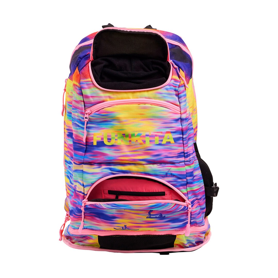 Front view of the a multicoloured sunset print Funkita Darkinjung Sunset Backpack showing multiple open compartments and padded shoulder straps.