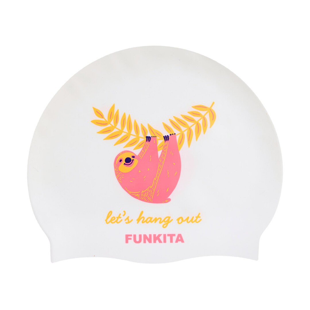 A silicone swimming cap with a graphic design of a sloth and text 'let's hang out' along with the brand name 'FUNKITA'.
