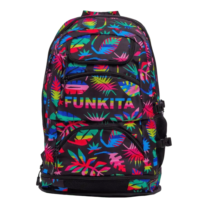 Backpack with colourful leaf pattern and 'Funkita' branding