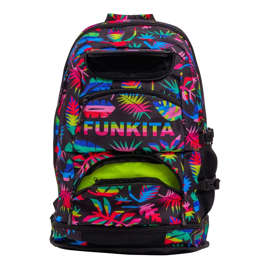 Black Funkita Backpack with colourful leaf pattern front side with pockets opened.