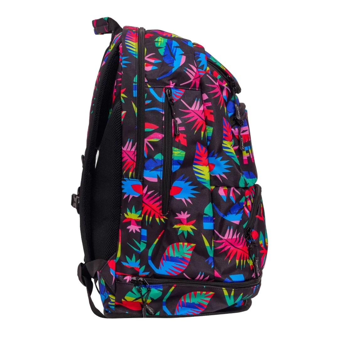 Black Funkita Backpack with colourful leaf pattern right side with pockets closed