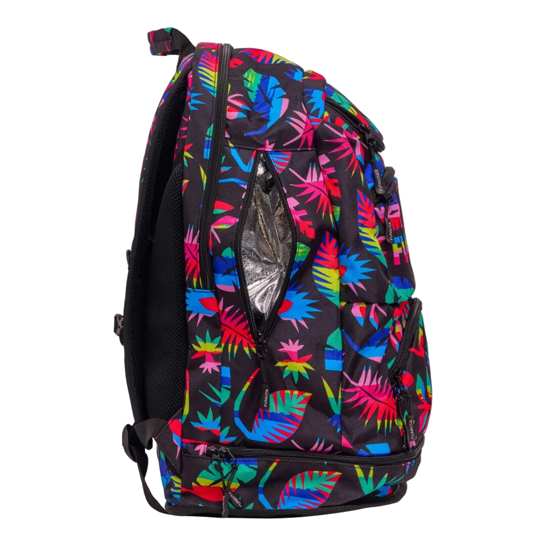 Backpack with colourful leaf pattern and 'Funkita' branding