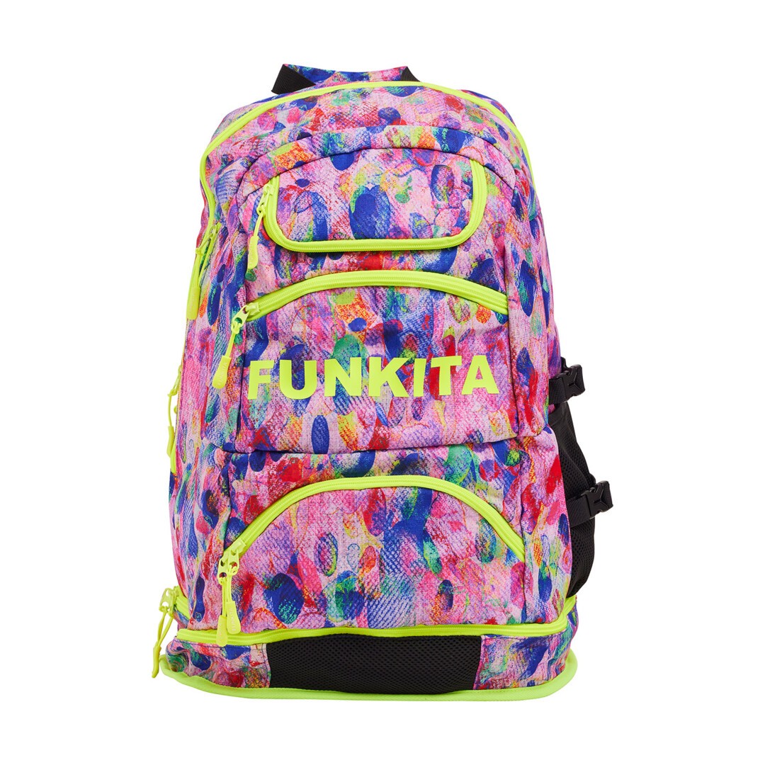 A multicolored floral pattern backpack with bright accents and multiple compartments, featuring shoulder straps and the brand name 'FUNKITA' on the front.
