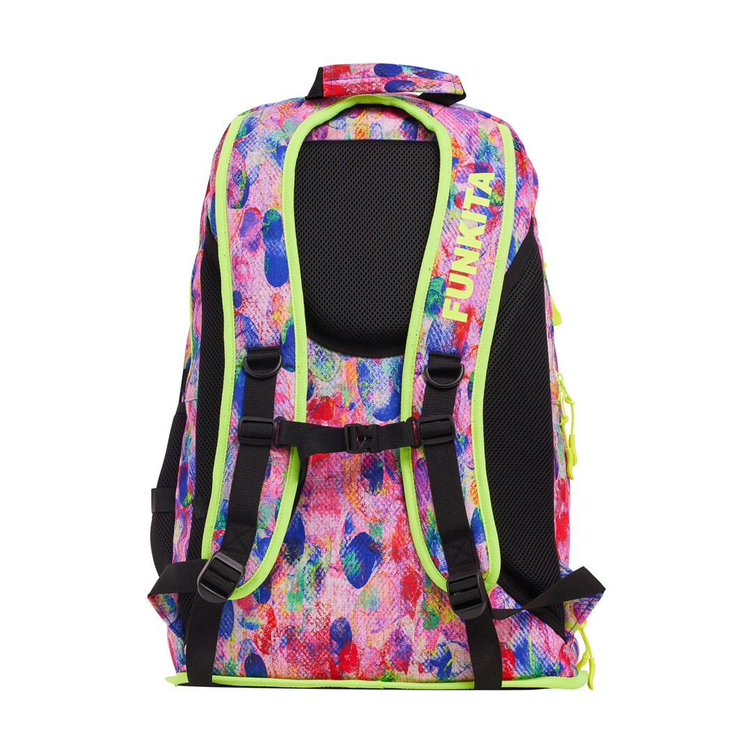 Back view of a multicolored floral pattern backpack with bright accents and multiple compartments and the brand name 'FUNKITA' on one of the padded shoulder straps.